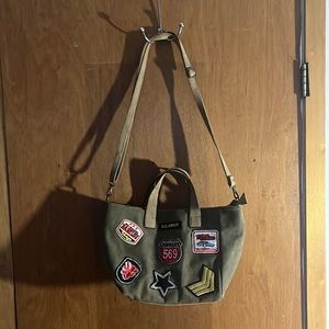 Army green crossbody bag with patches
